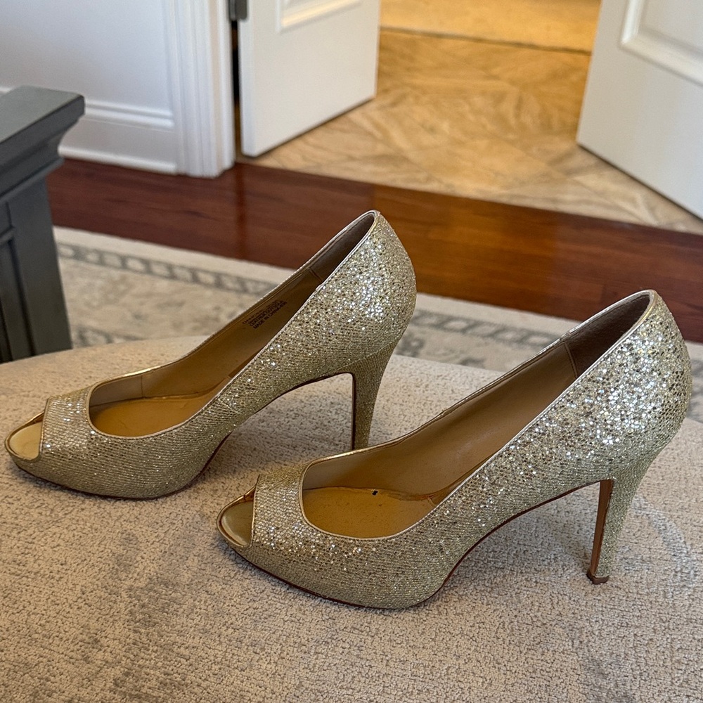 White House Black Market Sparkling Gold Peep-Toe Heels - Picture 2 of 4